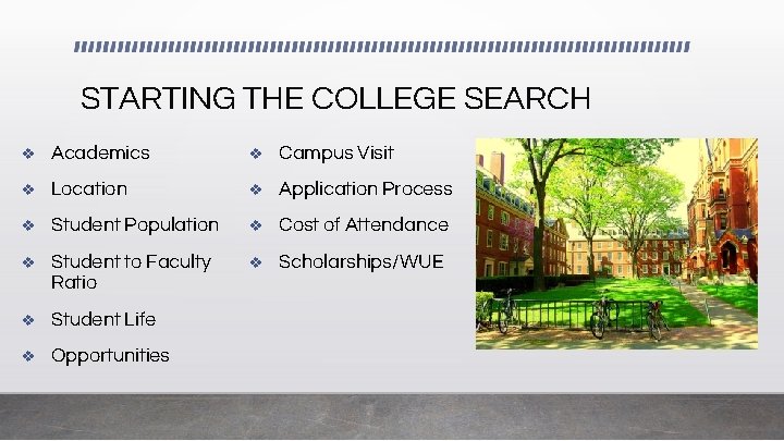 STARTING THE COLLEGE SEARCH v Academics v Campus Visit v Location v Application Process
