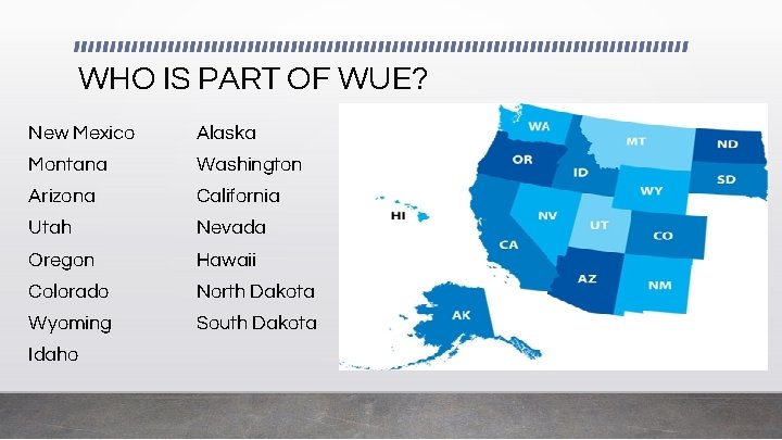 WHO IS PART OF WUE? New Mexico Alaska Montana Washington Arizona California Utah Nevada
