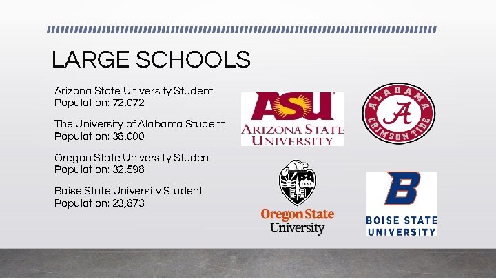 LARGE SCHOOLS Arizona State University Student Population: 72, 072 The University of Alabama Student