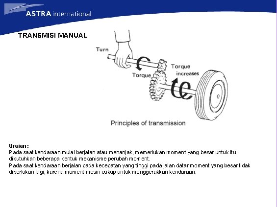 TRANSMISI MANUAL Uraian : Pada saat kendaraan mulai berjalan atau menanjak, memerlukan moment yang