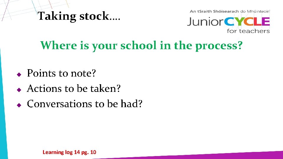 Taking stock…. Where is your school in the process? u u u Points to