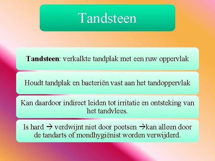 Tandsteen: verkalkte tandplak met een ruw oppervlak Houdt tandplak en bacteriën vast aan het