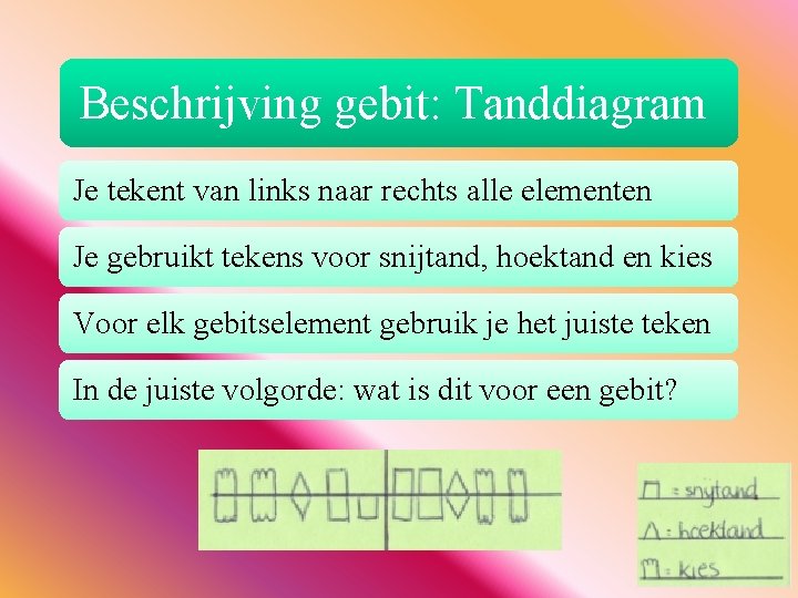 Beschrijving gebit: Tanddiagram Je tekent van links naar rechts alle elementen Je gebruikt tekens