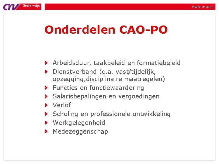 www. cnvo. nl Onderdelen CAO-PO Arbeidsduur, taakbeleid en formatiebeleid Dienstverband (o. a. vast/tijdelijk, opzegging, www. cnvo. nl Onderdelen CAO-PO Arbeidsduur, taakbeleid en formatiebeleid Dienstverband (o. a. vast/tijdelijk, opzegging,
