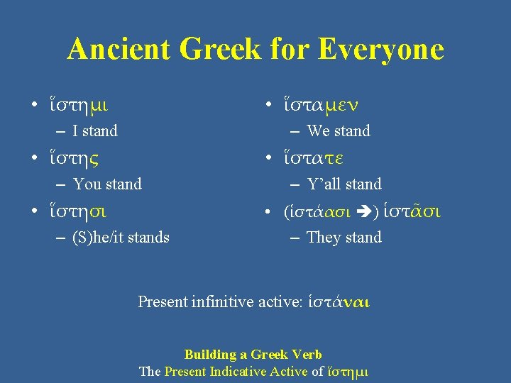 Ancient Greek for Everyone • ἵστημι • ἵσταμεν – I stand – We stand