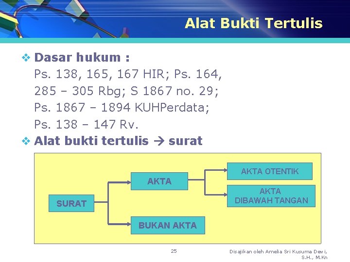 Alat Bukti Tertulis v Dasar hukum : Ps. 138, 165, 167 HIR; Ps. 164,