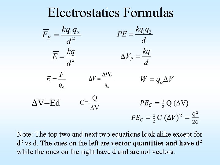 Electrostatics Formulas Note: The top two and next two equations look alike except for