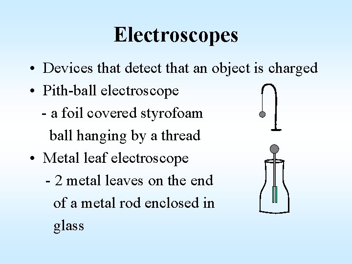 Electroscopes • Devices that detect that an object is charged • Pith-ball electroscope -