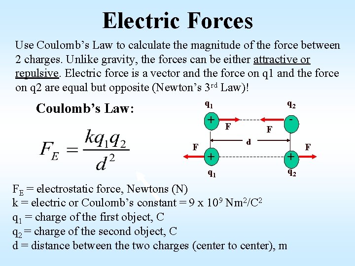 Electric Forces Use Coulomb’s Law to calculate the magnitude of the force between 2