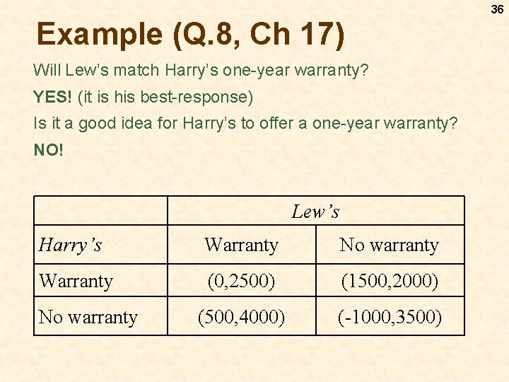 36 Example (Q. 8, Ch 17) Will Lew’s match Harry’s one-year warranty? YES! (it