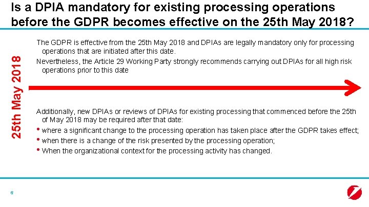 25 th May 2018 Is a DPIA mandatory for existing processing operations before the
