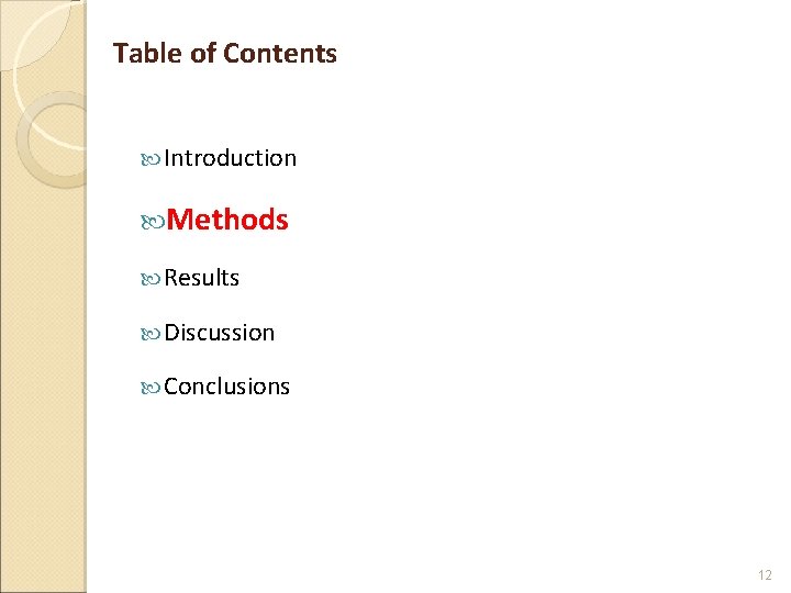 Table of Contents Introduction Methods Results Discussion Conclusions 12 