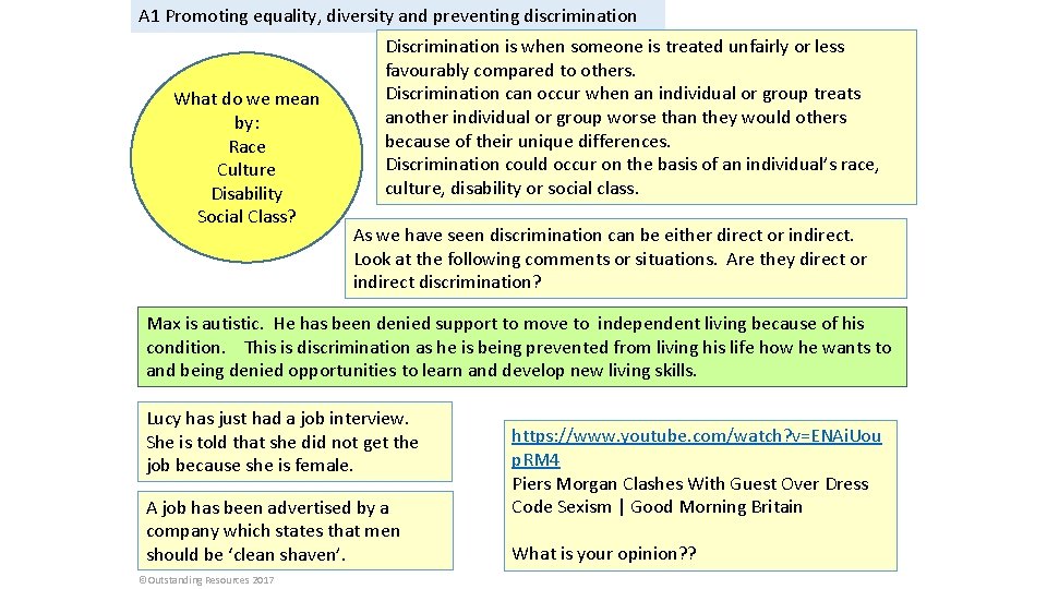 A 1 Promoting equality, diversity and preventing discrimination What do we mean by: Race