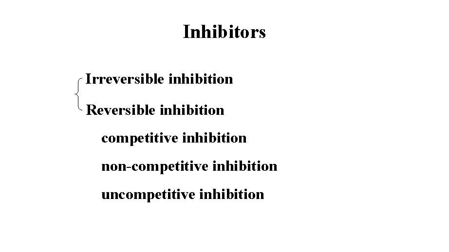 Inhibitors Irreversible inhibition Reversible inhibition competitive inhibition non-competitive inhibition uncompetitive inhibition 