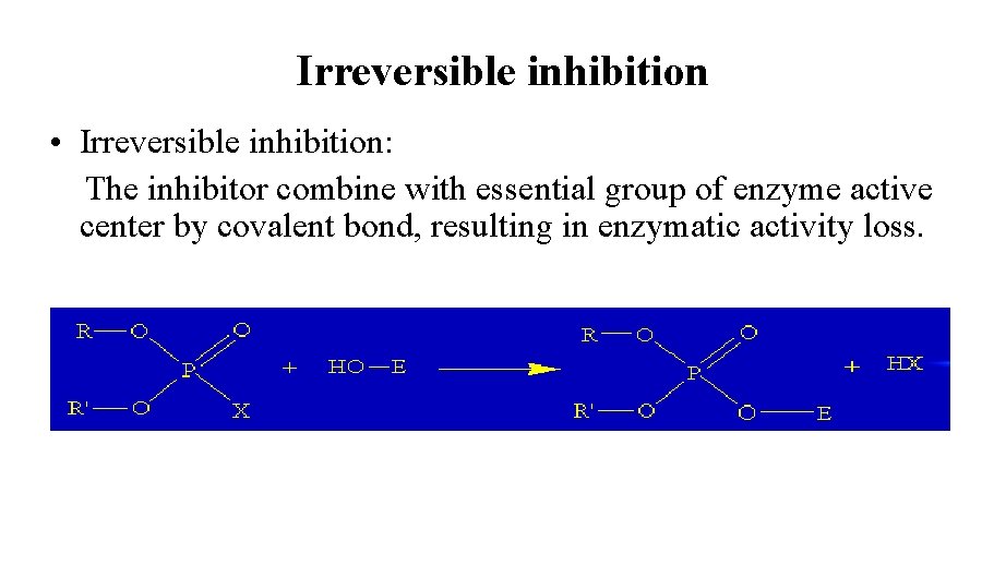 Irreversible inhibition • Irreversible inhibition: The inhibitor combine with essential group of enzyme active