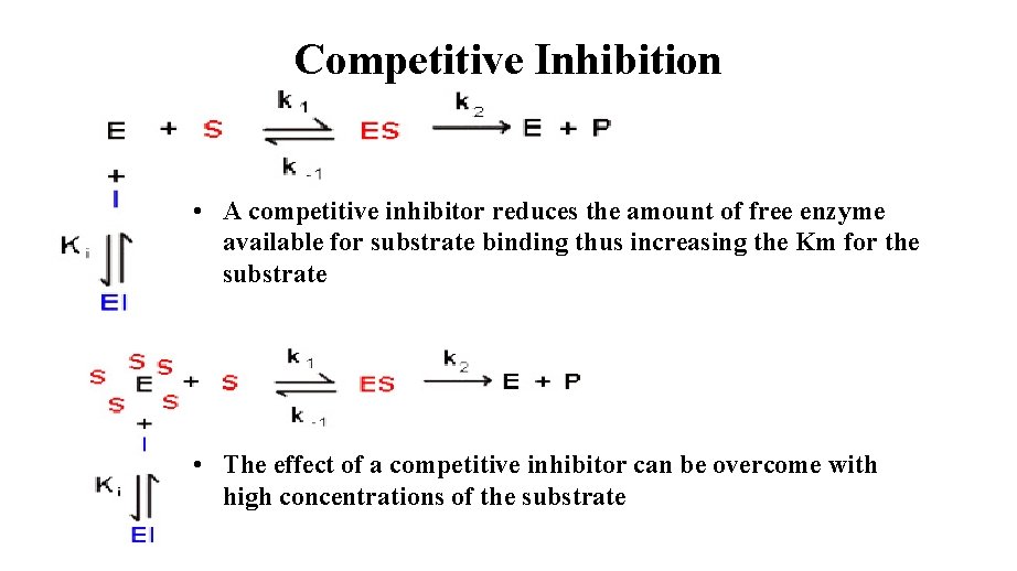 Competitive Inhibition • A competitive inhibitor reduces the amount of free enzyme available for