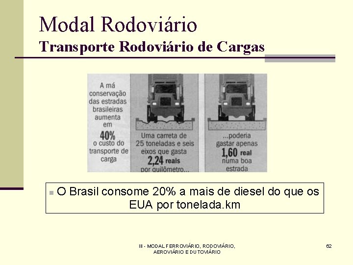 Modal Rodoviário Transporte Rodoviário de Cargas n O Brasil consome 20% a mais de