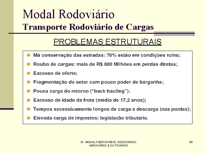 Modal Rodoviário Transporte Rodoviário de Cargas PROBLEMAS ESTRUTURAIS III - MODAL FERROVIÁRIO, RODOVIÁRIO, AEROVIÁRIO
