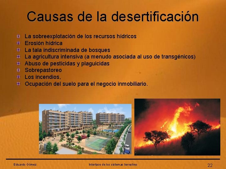 Causas de la desertificación La sobreexplotación de los recursos hídricos Erosión hídrica La tala