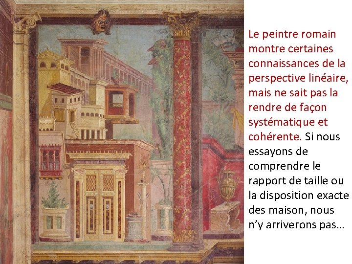 Le peintre romain montre certaines connaissances de la perspective linéaire, mais ne sait pas