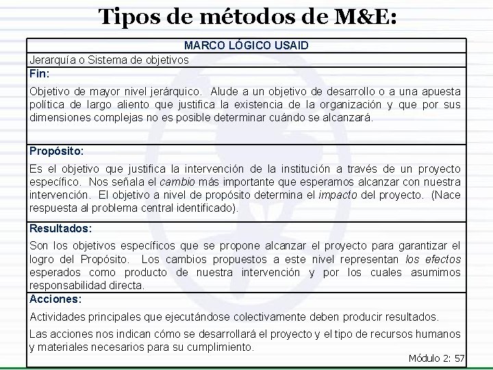 Tipos de métodos de M&E: MARCO LÓGICO USAID Jerarquía o Sistema de objetivos Fin: