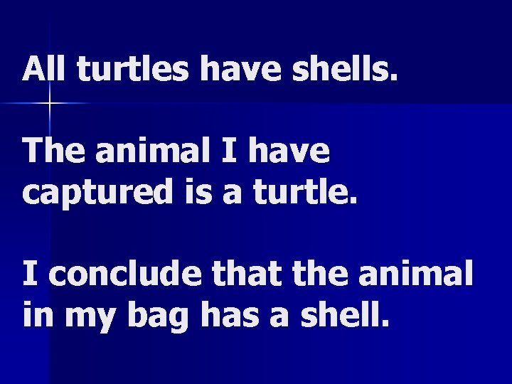 All turtles have shells. The animal I have captured is a turtle. I conclude All turtles have shells. The animal I have captured is a turtle. I conclude