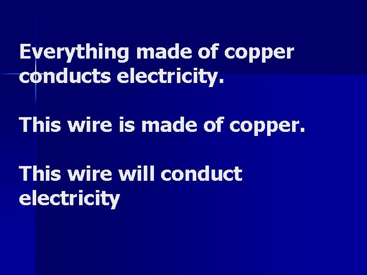 Everything made of copper conducts electricity. This wire is made of copper. This wire Everything made of copper conducts electricity. This wire is made of copper. This wire