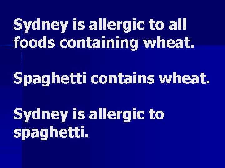 Sydney is allergic to all foods containing wheat. Spaghetti contains wheat. Sydney is allergic Sydney is allergic to all foods containing wheat. Spaghetti contains wheat. Sydney is allergic