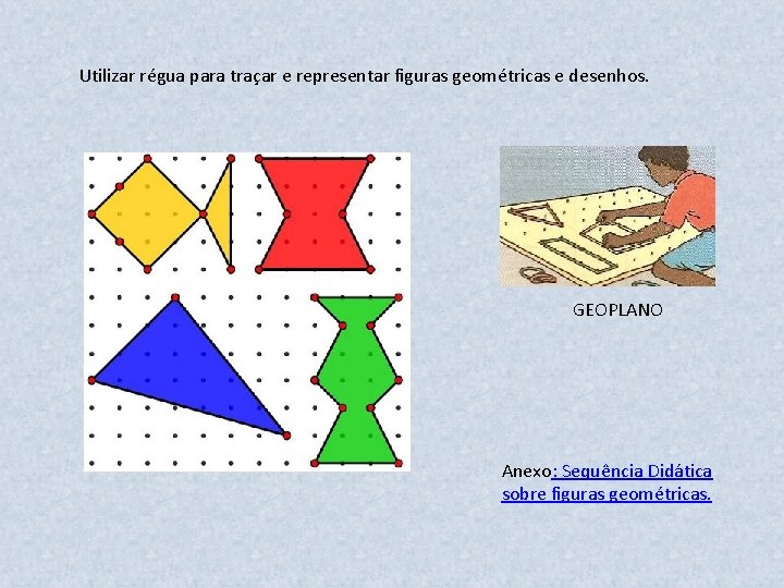 Utilizar régua para traçar e representar figuras geométricas e desenhos. GEOPLANO Anexo: Sequência Didática