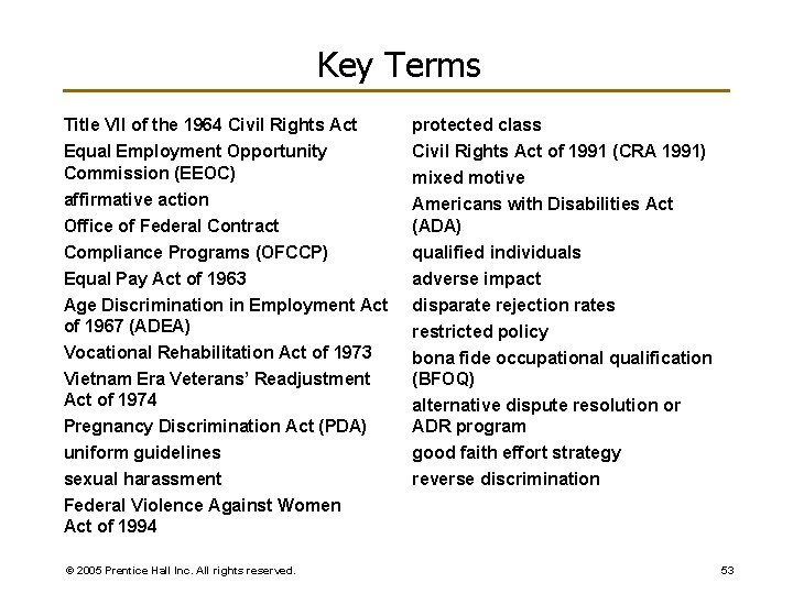 Key Terms Title VII of the 1964 Civil Rights Act Equal Employment Opportunity Commission Key Terms Title VII of the 1964 Civil Rights Act Equal Employment Opportunity Commission