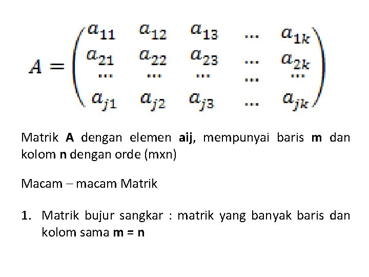 Matrik A dengan elemen aij, mempunyai baris m dan kolom n dengan orde (mxn)