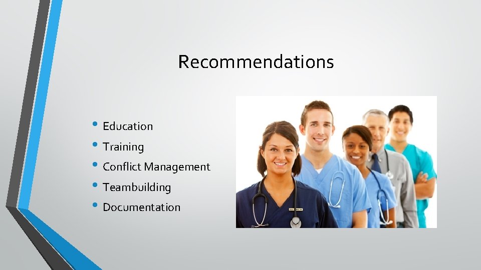 Recommendations • Education • Training • Conflict Management • Teambuilding • Documentation 