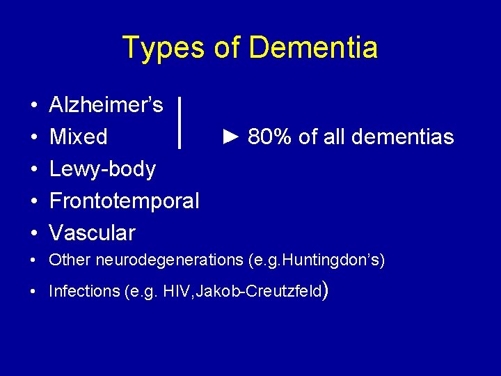 Types of Dementia • • • Alzheimer’s Mixed ► 80% of all dementias Lewy-body