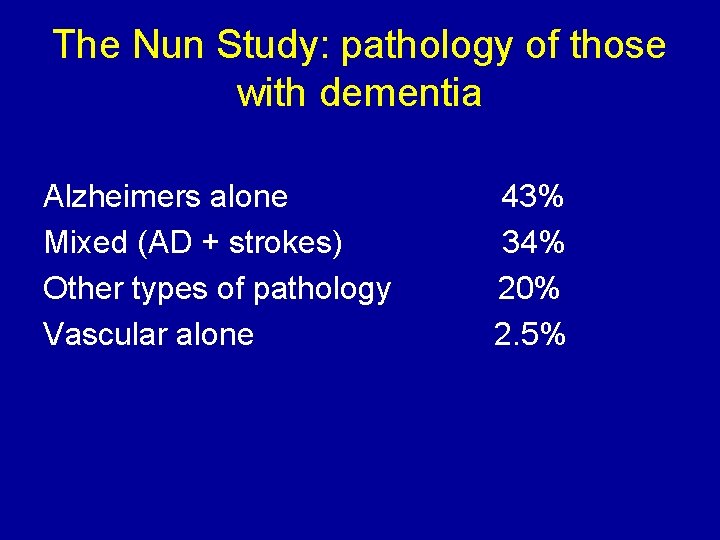 The Nun Study: pathology of those with dementia Alzheimers alone Mixed (AD + strokes)
