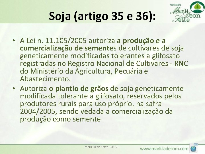 Soja (artigo 35 e 36): • A Lei n. 11. 105/2005 autoriza a produção
