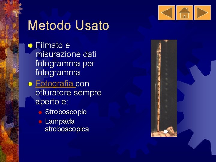 Metodo Usato ® Filmato e misurazione dati fotogramma per fotogramma ® Fotografia con otturatore