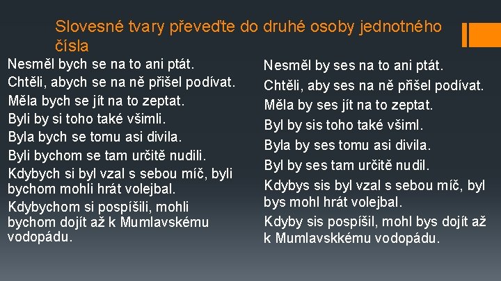 Slovesné tvary převeďte do druhé osoby jednotného čísla Nesměl bych se na to ani