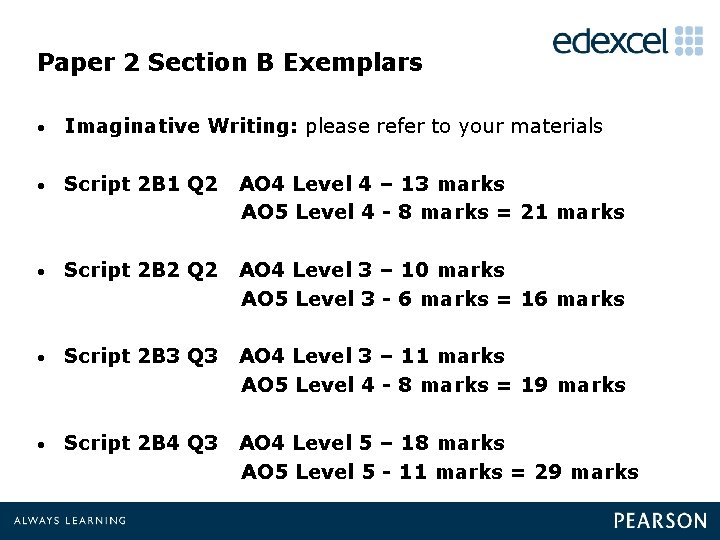 Paper 2 Section B Exemplars • Imaginative Writing: please refer to your materials •