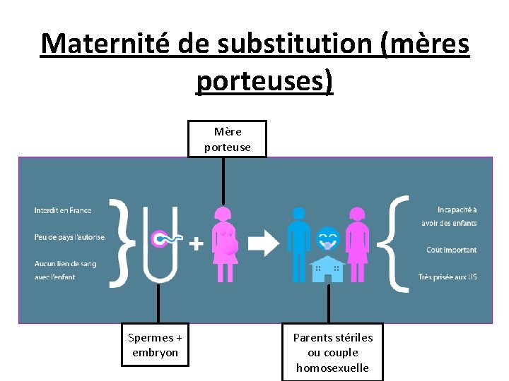 Maternité de substitution (mères porteuses) Mère porteuse Spermes + embryon Parents stériles ou couple