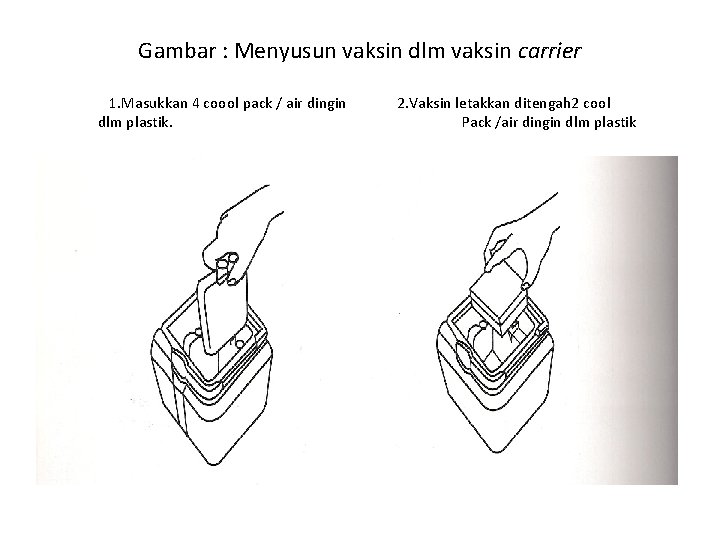 Gambar : Menyusun vaksin dlm vaksin carrier 1. Masukkan 4 coool pack / air