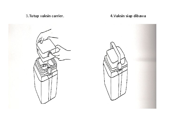 3. Tutup vaksin carrier. 4. Vaksin siap dibawa 