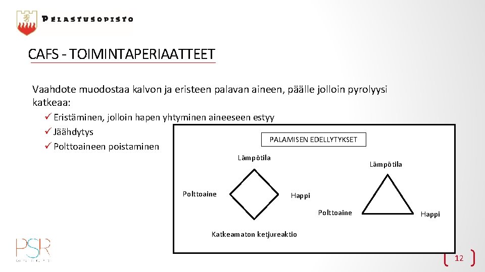 CAFS - TOIMINTAPERIAATTEET Vaahdote muodostaa kalvon ja eristeen palavan aineen, päälle jolloin pyrolyysi katkeaa: