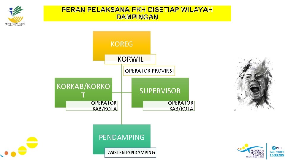 PERAN PELAKSANA PKH DISETIAP WILAYAH DAMPINGAN KOREG KORWIL OPERATOR PROVINSI KORKAB/KORKO T SUPERVISOR OPERATOR