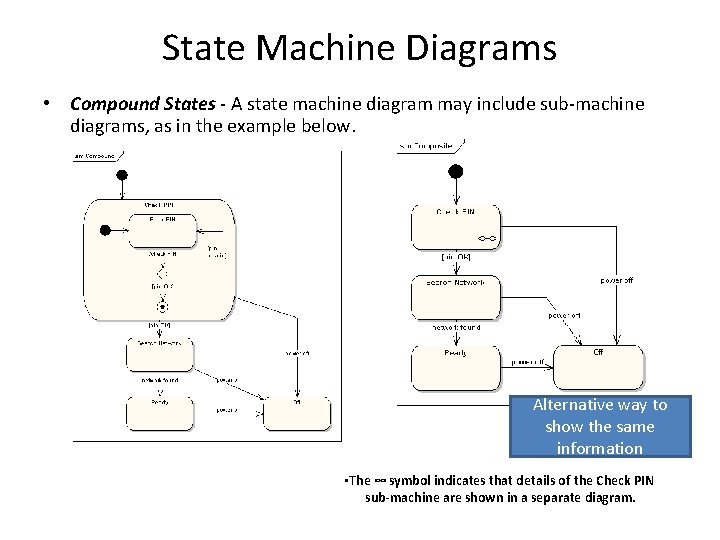 State Machine Diagrams • Compound States - A state machine diagram may include sub-machine