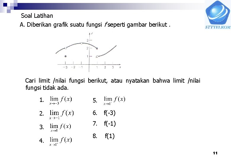 Soal Latihan A. Diberikan grafik suatu fungsi f seperti gambar berikut. Cari limit /nilai