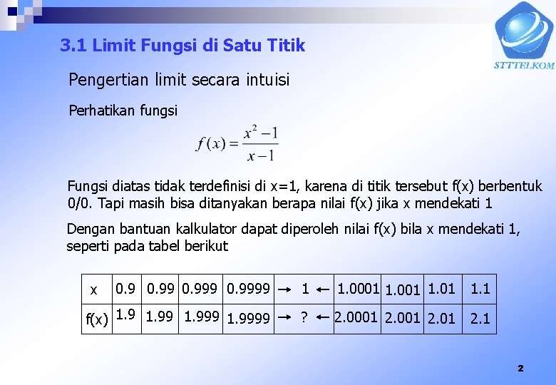 3. 1 Limit Fungsi di Satu Titik Pengertian limit secara intuisi Perhatikan fungsi Fungsi