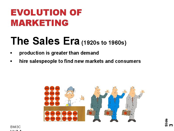 EVOLUTION OF MARKETING production is greater than demand • hire salespeople to find new