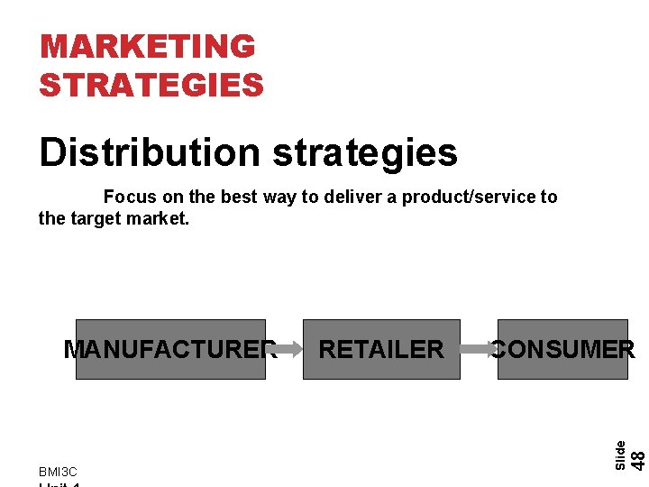 MARKETING STRATEGIES Distribution strategies Focus on the best way to deliver a product/service to