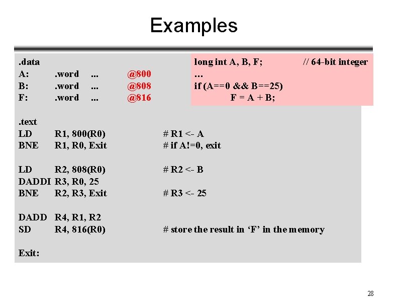 Examples. data A: B: F: . word . text LD BNE R 1, 800(R