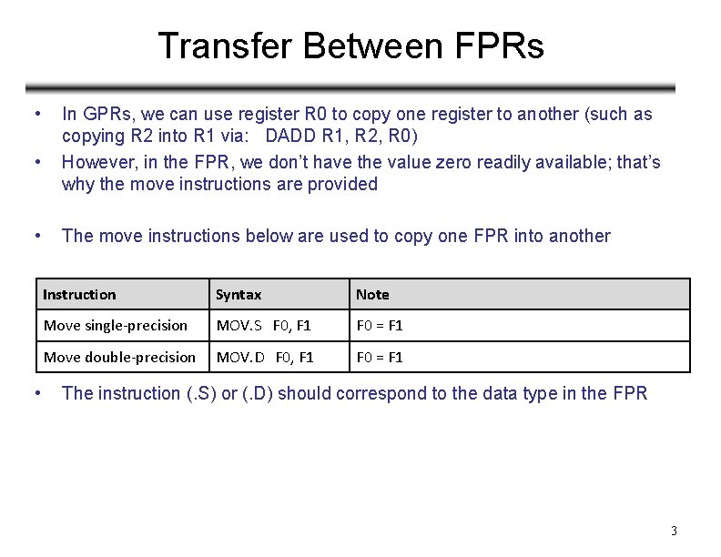 Transfer Between FPRs • • In GPRs, we can use register R 0 to